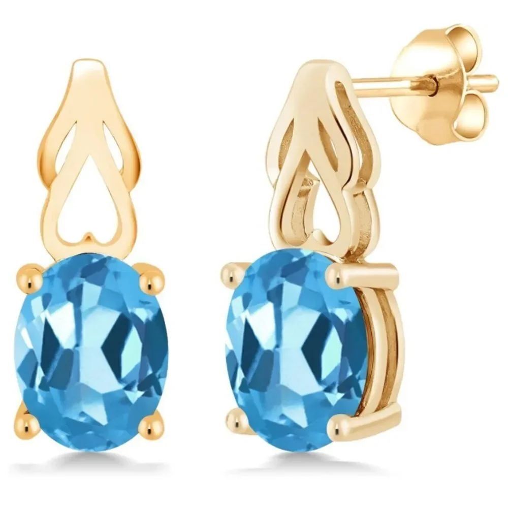 18K Yellow Gold 925 with 3.60 Cttw Swiss Blue Topaz Oval Post Back Drop Earrings